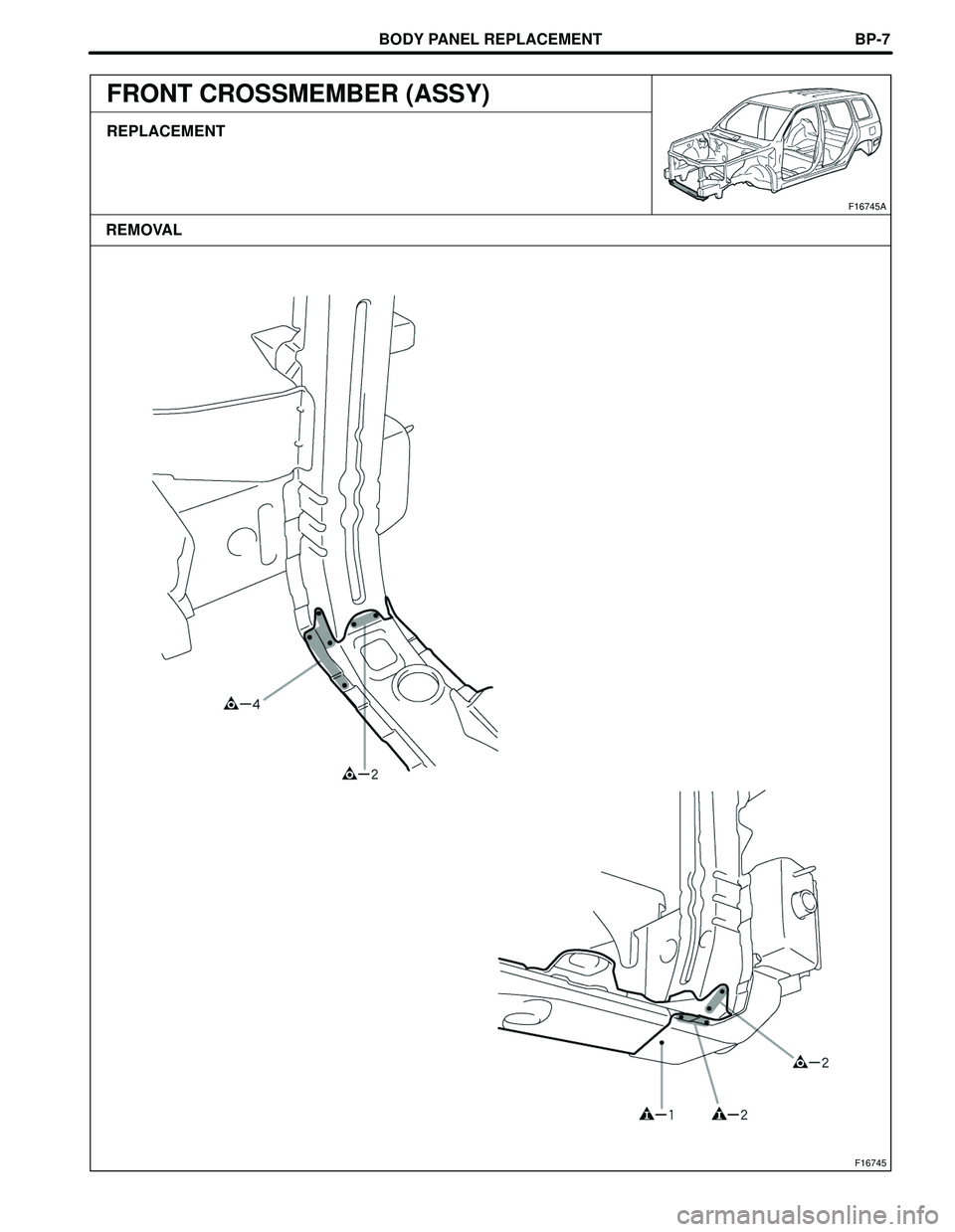 TOYOTA HIGHLANDER 2001  Service Repair Manual BODY PANEL REPLACEMENT
F16745
F16745A
REMOVALBP-7
FRONT CROSSMEMBER (ASSY)
REPLACEMENT 