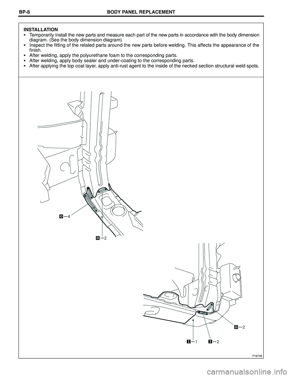 TOYOTA HIGHLANDER 2001  Service Repair Manual BODY PANEL REPLACEMENT
F16746
BP-8
INSTALLATION
Temporarily install the new parts and measure each part of the new parts in accordance with the body dimension
diagram. (See the body dimension diagram