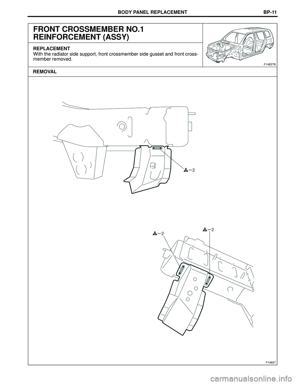 TOYOTA HIGHLANDER 2001  Service Repair Manual F14827
F14827B
REMOVALBODY PANEL REPLACEMENT
BP-11
FRONT CROSSMEMBER NO.1
REINFORCEMENT (ASSY)
REPLACEMENT
With the radiator side support, front crossmember side gusset and front cross-
member removed