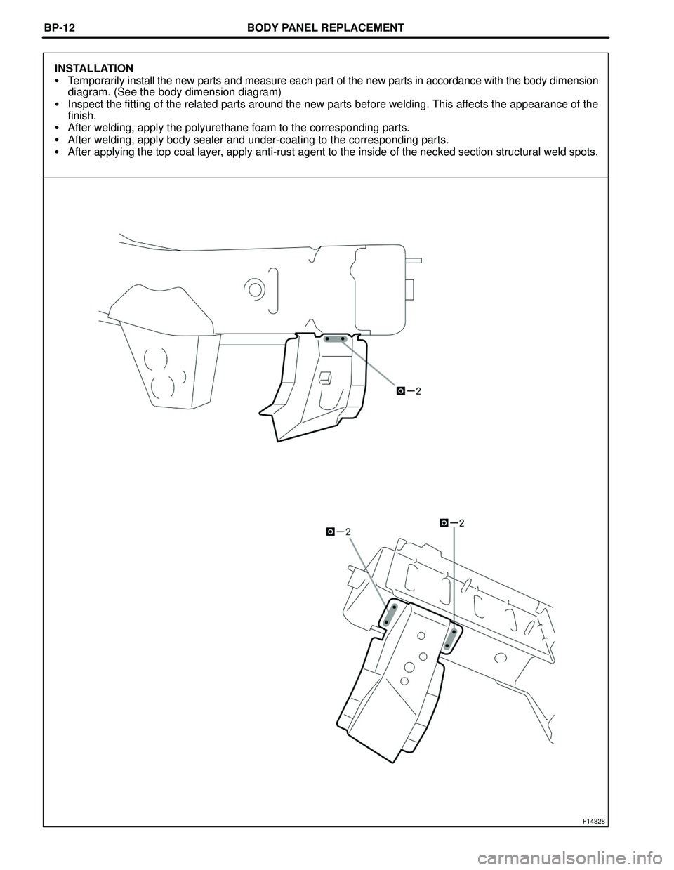 TOYOTA HIGHLANDER 2001  Service Repair Manual F14828
BODY PANEL REPLACEMENTBP-12
INSTALLATION
Temporarily install the new parts and measure each part of the new parts in accordance with the body dimension
diagram. (See the body dimension diagram