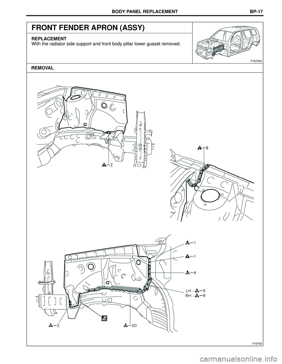 TOYOTA HIGHLANDER 2001  Service Repair Manual BODY PANEL REPLACEMENT
F16753
F16753A
REMOVALBP-17
FRONT FENDER APRON (ASSY)
REPLACEMENT
With the radiator side support and front body pillar lower gusset removed. 