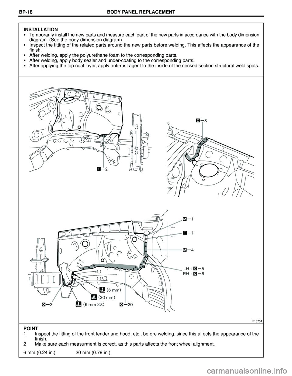 TOYOTA HIGHLANDER 2001  Service Repair Manual BODY PANEL REPLACEMENT
F16754
6 mm (0.24 in.) 20 mm (0.79 in.) POINT
1 Inspect the fitting of the front fender and hood, etc., before welding, since this affects the appearance of the
finish.
2 Make s