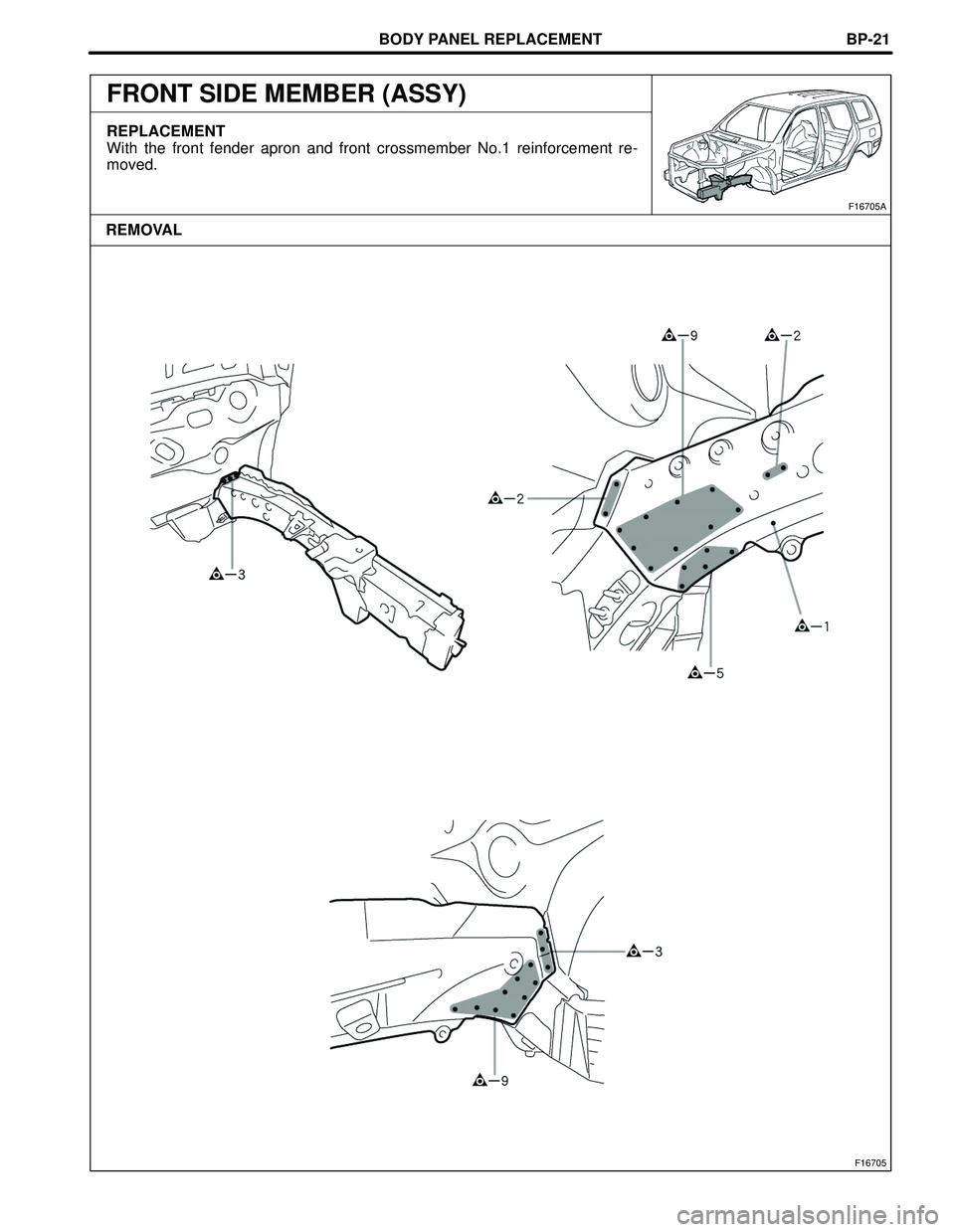 TOYOTA HIGHLANDER 2001  Service Repair Manual BODY PANEL REPLACEMENT
F16705
F16705A
REMOVALBP-21
FRONT SIDE MEMBER (ASSY)
REPLACEMENT
With the front fender apron and front crossmember No.1 reinforcement re-
moved. 