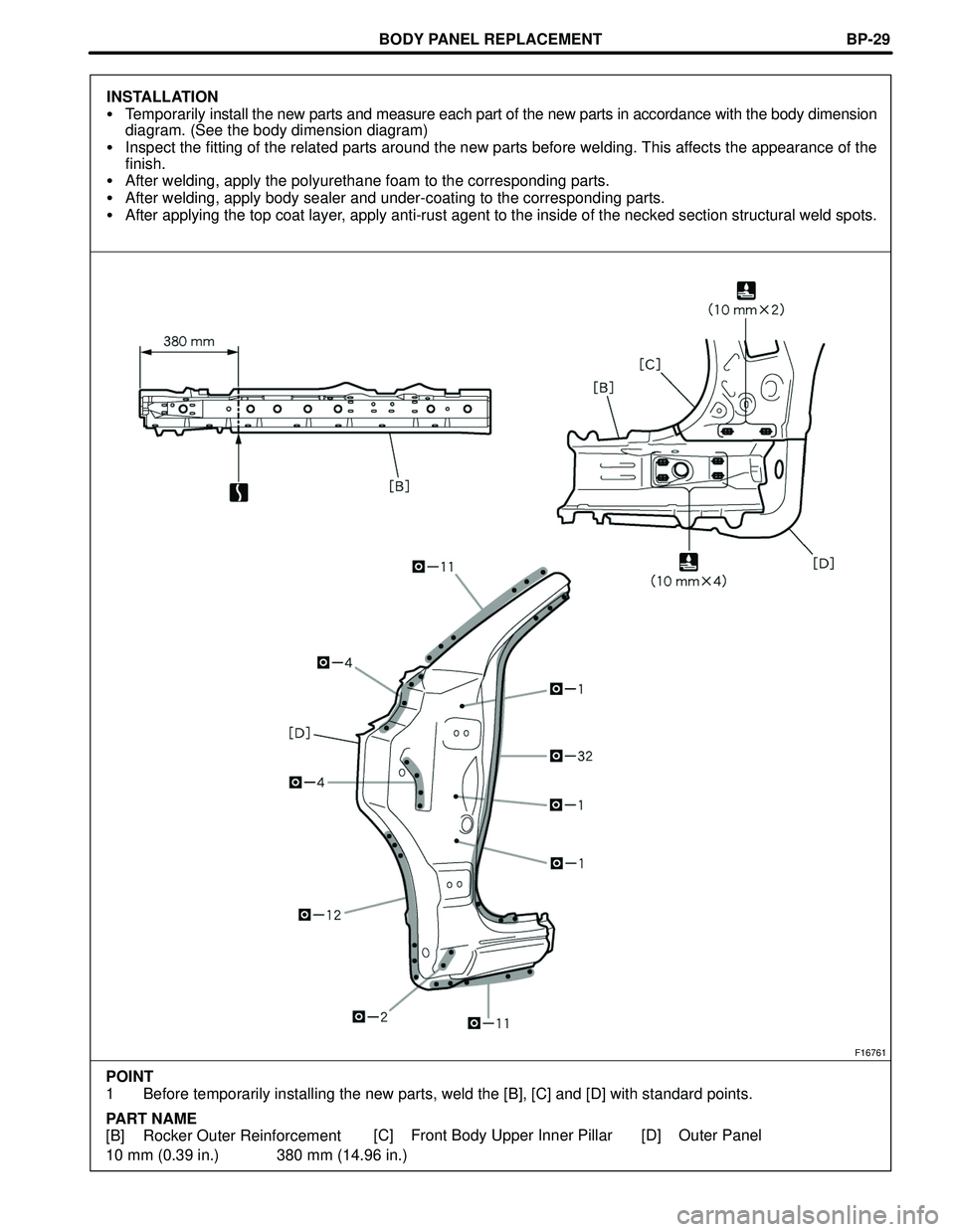 TOYOTA HIGHLANDER 2001  Service Repair Manual BODY PANEL REPLACEMENT
F16761
10 mm (0.39 in.) 380 mm (14.96 in.) POINT
1 Before temporarily installing the new parts, weld the [B], [C] and [D] with standard points.
PART NAME
[B] Rocker Outer Reinfo