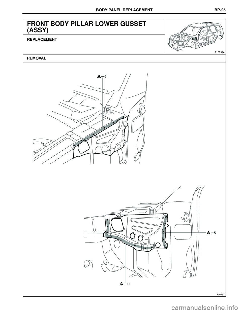 TOYOTA HIGHLANDER 2001  Service Repair Manual BODY PANEL REPLACEMENT
F16757
F16757A
REMOVALBP-25
FRONT BODY PILLAR LOWER GUSSET
(ASSY)
REPLACEMENT 