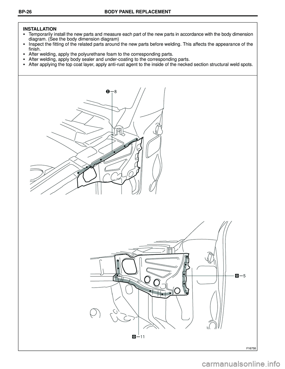 TOYOTA HIGHLANDER 2001  Service Repair Manual BODY PANEL REPLACEMENT
F16758
BP-26
INSTALLATION
Temporarily install the new parts and measure each part of the new parts in accordance with the body dimension
diagram. (See the body dimension diagra