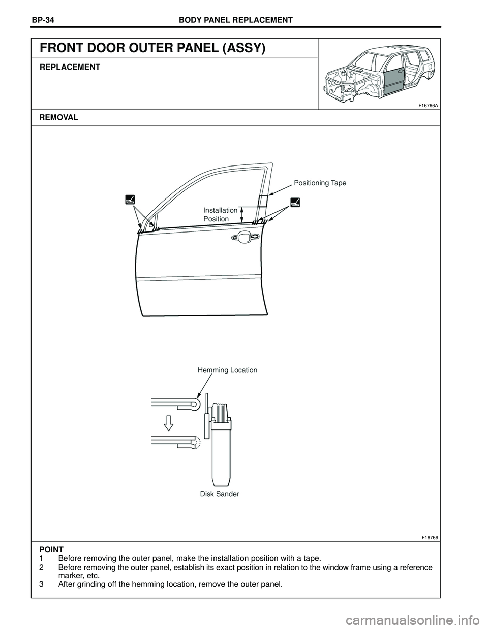 TOYOTA HIGHLANDER 2001  Service Repair Manual BODY PANEL REPLACEMENT
F16766
POINT
1 Before removing the outer panel, make the installation position with a tape.
2 Before removing the outer panel, establish its exact position in relation to the wi