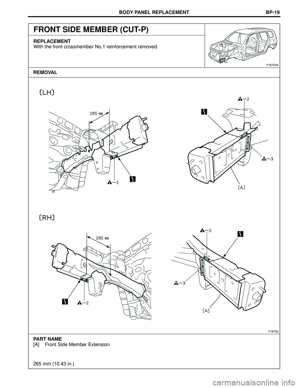 TOYOTA HIGHLANDER 2001  Service Repair Manual BODY PANEL REPLACEMENT
F16703
PART NAME
[A] Front Side Member Extension
265 mm (10.43 in.)
F16703A
REMOVALBP-19
FRONT SIDE MEMBER (CUT-P)
REPLACEMENT
With the front crossmember No.1 reinforcement remo