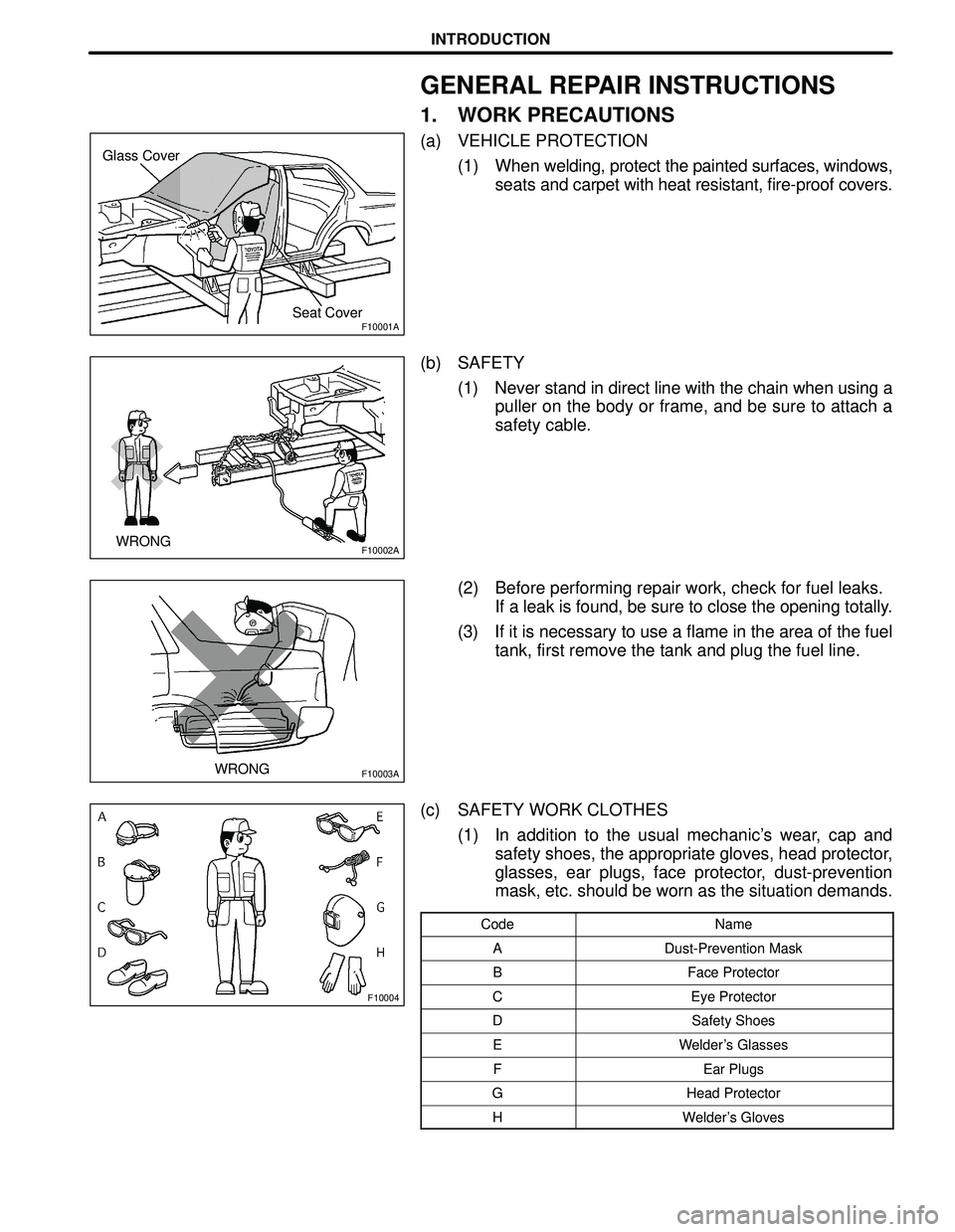 TOYOTA HIGHLANDER 2001  Service Repair Manual F10004
F10001A
F10002A
F10003A
Glass Cover
Seat Cover
WRONG
WRONG
INTRODUCTION
GENERAL REPAIR INSTRUCTIONS
1. WORK PRECAUTIONS
(a) VEHICLE PROTECTION
(1) When welding, protect the painted surfaces, wi