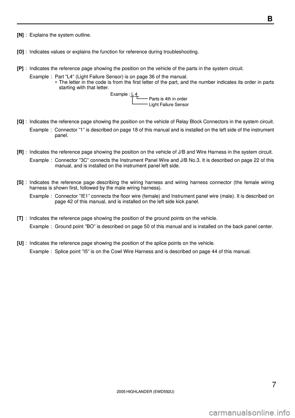 TOYOTA HIGHLANDER 2001  Service Repair Manual 2005 HIGHLANDER (EWD592U)
7
B
[N]: Explains the system outline.
[O]: Indicates values or explains the function for reference during troubleshooting.
[P]: Indicates the reference page showing the posit