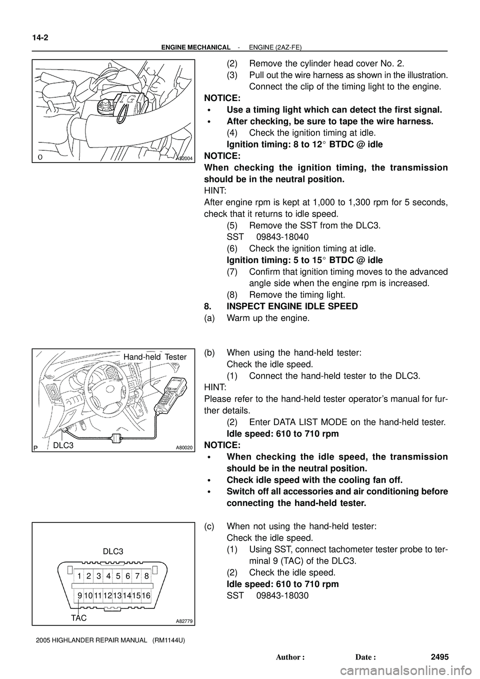 TOYOTA HIGHLANDER 2001  Service Repair Manual A52004
A80020
Hand-held  Tester
DLC3
A82779
7 6 5 34 2 18
9 10111213141516DLC3
TA C
14-2
- ENGINE MECHANICALENGINE (2AZ-FE)
2495 Author: Date:
2005 HIGHLANDER REPAIR MANUAL   (RM1144U)
(2) Remove th