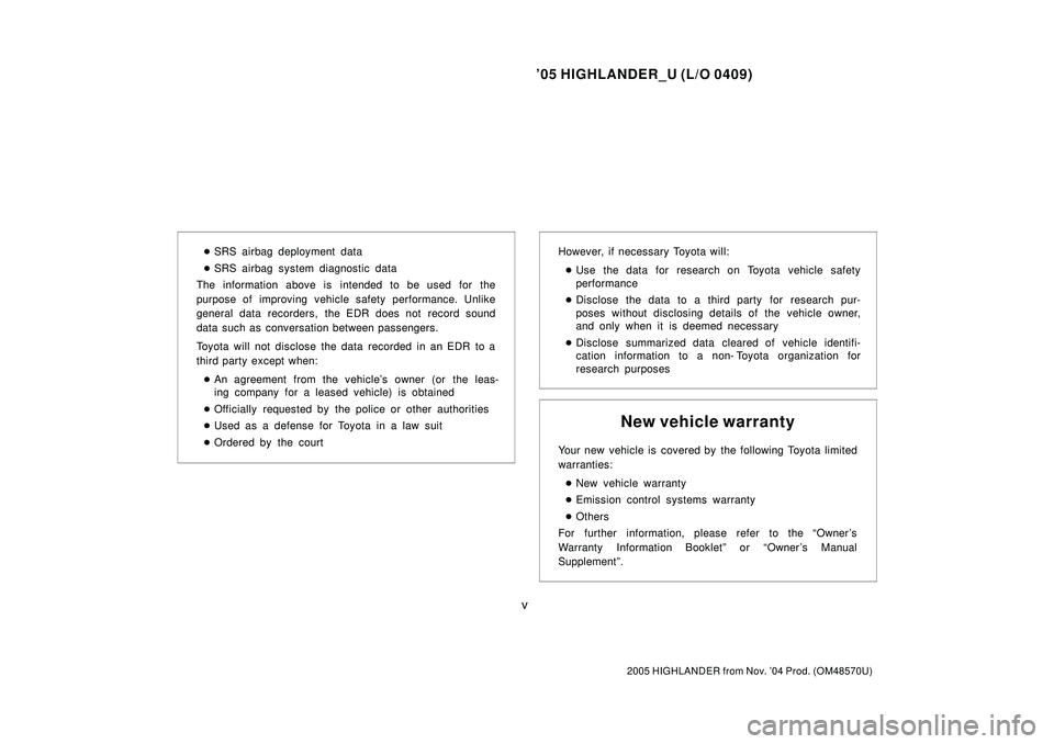 TOYOTA HIGHLANDER 2001  Service Repair Manual 05 HIGHLANDER_U (L/O 0409)
v
2005 HIGHLANDER from Nov. 04 Prod. (OM48570U)
SRS airbag deployment data
SRS airbag system diagnostic data
The information above is  intended to be used for the
purpos