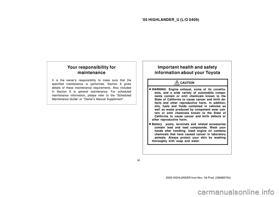 TOYOTA HIGHLANDER 2001  Service Repair Manual 05 HIGHLANDER_U (L/O 0409)
vi
2005 HIGHLANDER from Nov. 04 Prod. (OM48570U)
Your responsibility for
maintenance
It is the owner s responsibility to make sure that the
specified maintenance is perfo