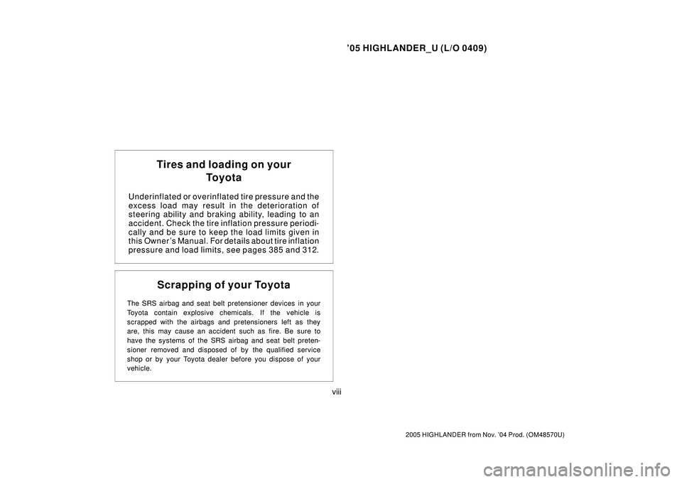 TOYOTA HIGHLANDER 2001  Service Repair Manual 05 HIGHLANDER_U (L/O 0409)
viii
2005 HIGHLANDER from Nov. 04 Prod. (OM48570U)
Tires and loading on your
To y o t a
Underinflated or overinflated tire pressure and the
excess load may result in the d