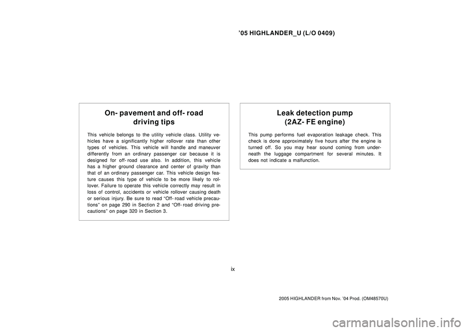 TOYOTA HIGHLANDER 2001  Service Repair Manual 05 HIGHLANDER_U (L/O 0409)
ix
2005 HIGHLANDER from Nov. 04 Prod. (OM48570U)
On- pavement and off- road
driving tips
This vehicle belongs  to the utility vehicle class. Utility ve-
hicles have a sign