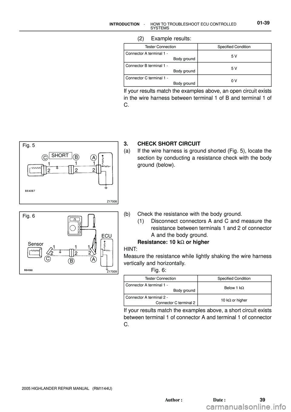 TOYOTA HIGHLANDER 2001  Service Repair Manual Z17008
CSHORT
1
2B
1
21
2 A
Fig. 5
Z17009
Fig. 6
Sensor
C
BA
ECU
1
21
22 1
- INTRODUCTIONHOW TO TROUBLESHOOT ECU CONTROLLED
SYSTEMS01-39
39 Author: Date:
2005 HIGHLANDER REPAIR MANUAL   (RM1144U)
(2