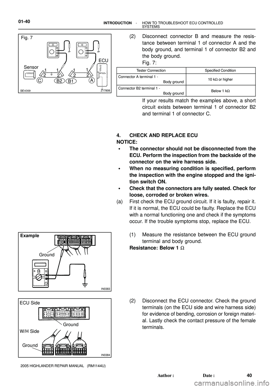 TOYOTA HIGHLANDER 2001  Service Repair Manual Z17808
Fig. 7
Sensor
B2
A
11 1
C
B1
1ECU
2
222
IN0383
Example
Ground
IN0384
Ground ECU Side
W/H Side
Ground
01-40- INTRODUCTIONHOW TO TROUBLESHOOT ECU CONTROLLED
SYSTEMS
40 Author: Date:
2005 HIGHLA