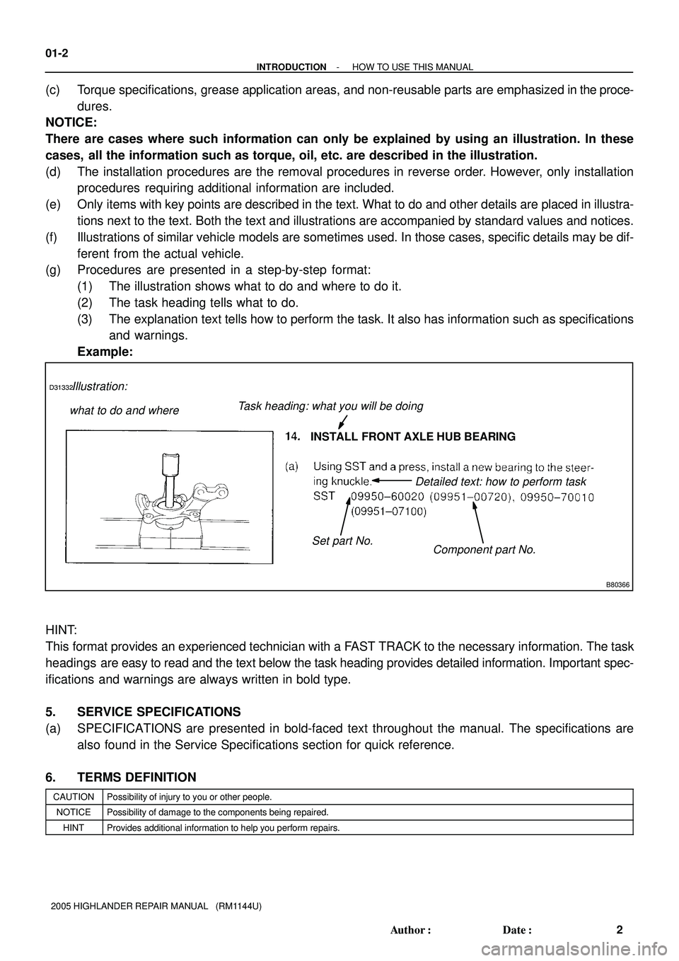 TOYOTA HIGHLANDER 2001  Service Repair Manual Illustration:
what to do and where
Component part No. Detailed text: how to perform task
Task heading: what you will be doing
Set part No.
INSTALL FRONT AXLE HUB BEARING
D31332
B80366
01-2
- INTRODUCT