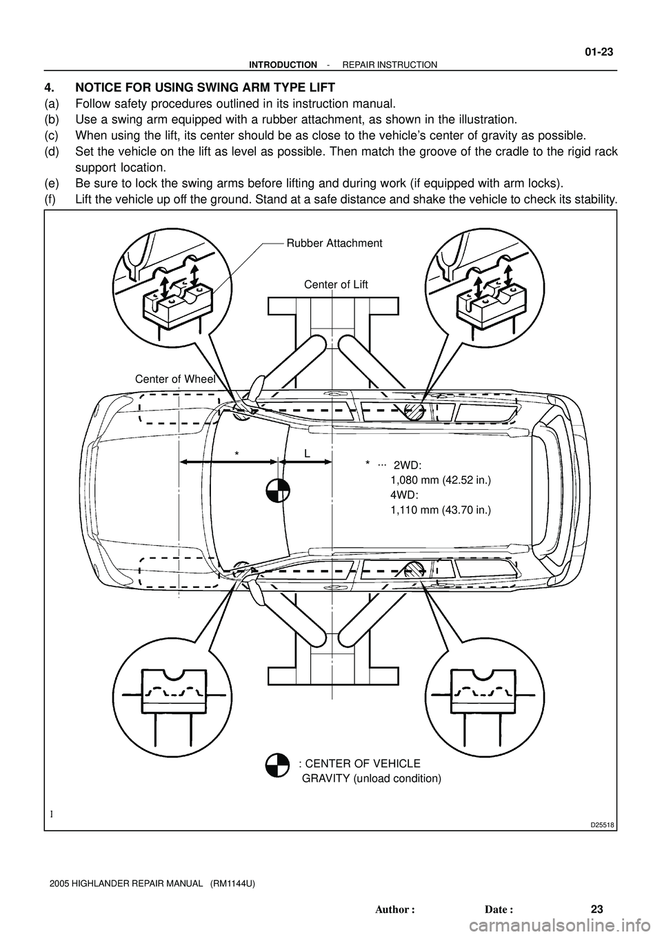 TOYOTA HIGHLANDER 2001  Service Repair Manual D25518
* 2WD:
1,080 mm (42.52 in.)
4WD:
1,110 mm (43.70 in.) ...
: CENTER OF VEHICLE 
 GRAVITY (unload condition) Rubber Attachment*L Center of Lift
Center of Wheel
- INTRODUCTIONREPAIR INSTRUCTION
01