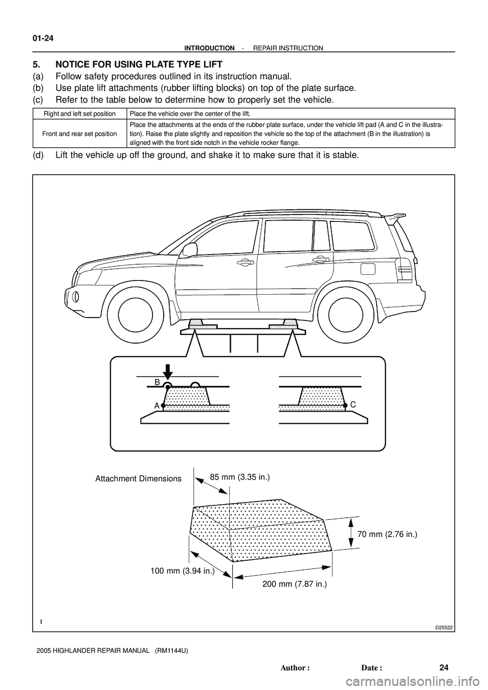 TOYOTA HIGHLANDER 2001  Service Repair Manual D25522
85 mm (3.35 in.)
70 mm (2.76 in.)
200 mm (7.87 in.) 100 mm (3.94 in.) Attachment DimensionsB
AC 01-24
- INTRODUCTIONREPAIR INSTRUCTION
24 Author: Date:
2005 HIGHLANDER REPAIR MANUAL   (RM1144