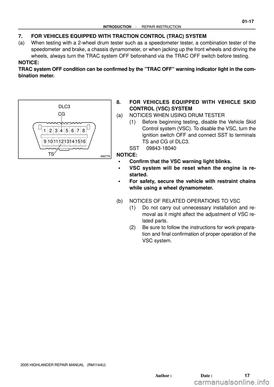 TOYOTA HIGHLANDER 2001  Service Repair Manual A82779
DLC3
1314 1516 12 11 10 9 12345678
TS
CG
- INTRODUCTIONREPAIR INSTRUCTION
01-17
17 Author: Date:
2005 HIGHLANDER REPAIR MANUAL   (RM1144U)
7. FOR VEHICLES EQUIPPED WITH TRACTION CONTROL (TRAC