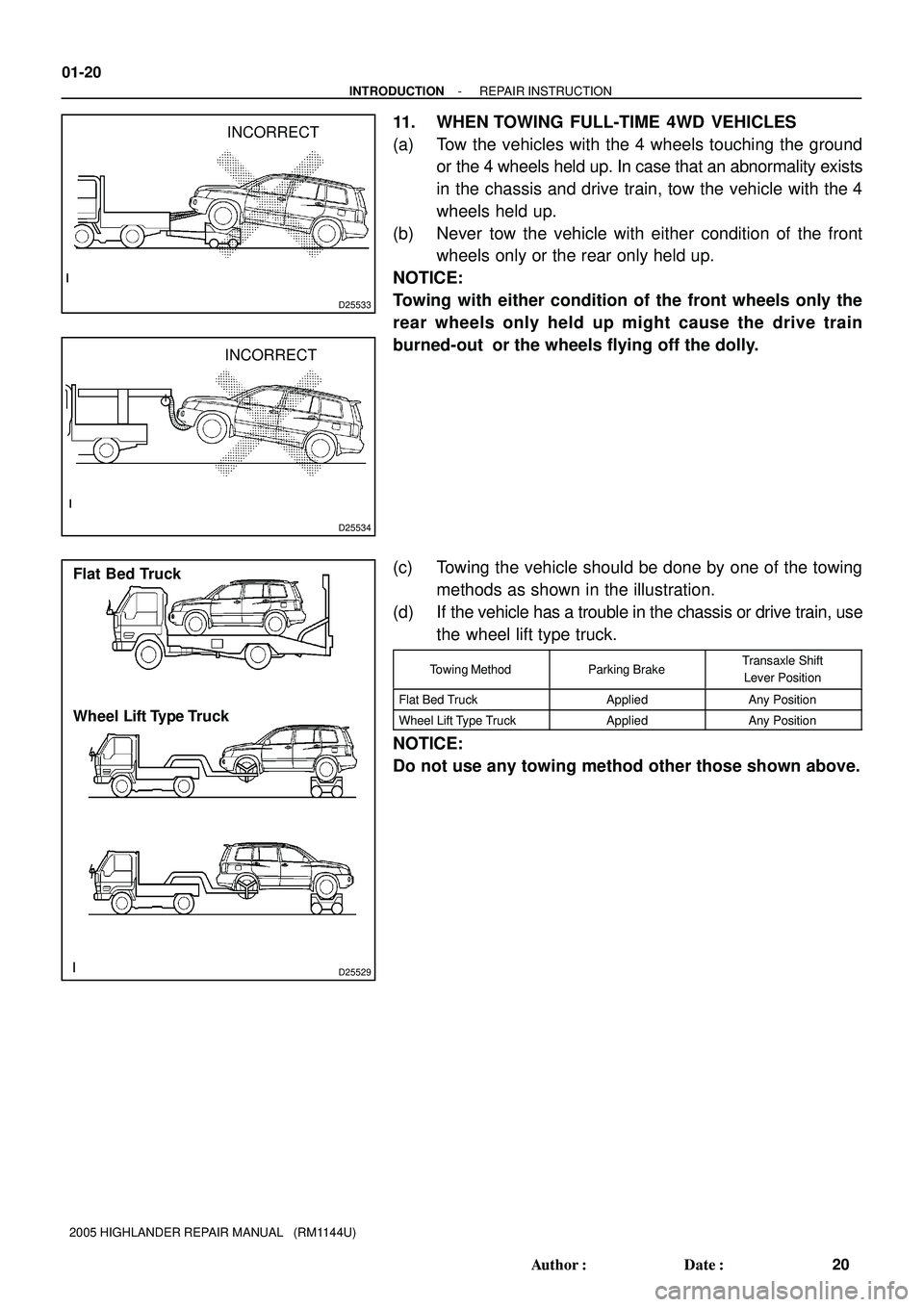 TOYOTA HIGHLANDER 2001  Service Repair Manual D25534
INCORRECT
D25533
INCORRECT
D25529
Flat Bed Truck
Wheel Lift Type Truck 01-20
- INTRODUCTIONREPAIR INSTRUCTION
20 Author: Date:
2005 HIGHLANDER REPAIR MANUAL   (RM1144U)
11. WHEN TOWING FULL-T