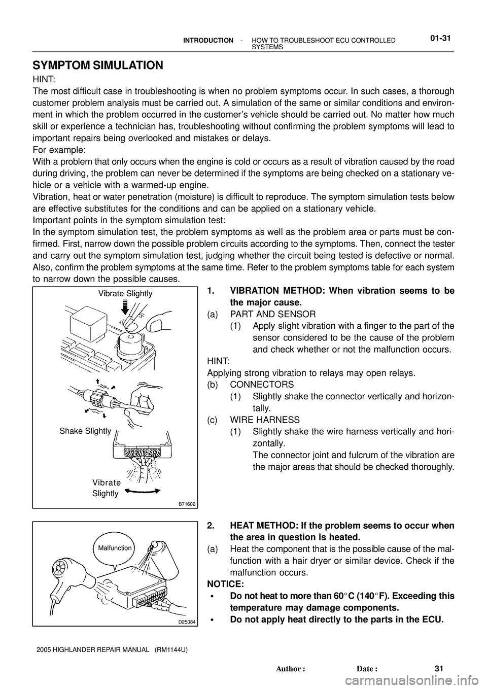 TOYOTA HIGHLANDER 2001  Service Repair Manual B71602
Vibrate Slightly
Shake Slightly
Vibrate
Slightly
D25084
Malfunction
- INTRODUCTIONHOW TO TROUBLESHOOT ECU CONTROLLED
SYSTEMS01-31
31 Author: Date:
2005 HIGHLANDER REPAIR MANUAL   (RM1144U)
SY
