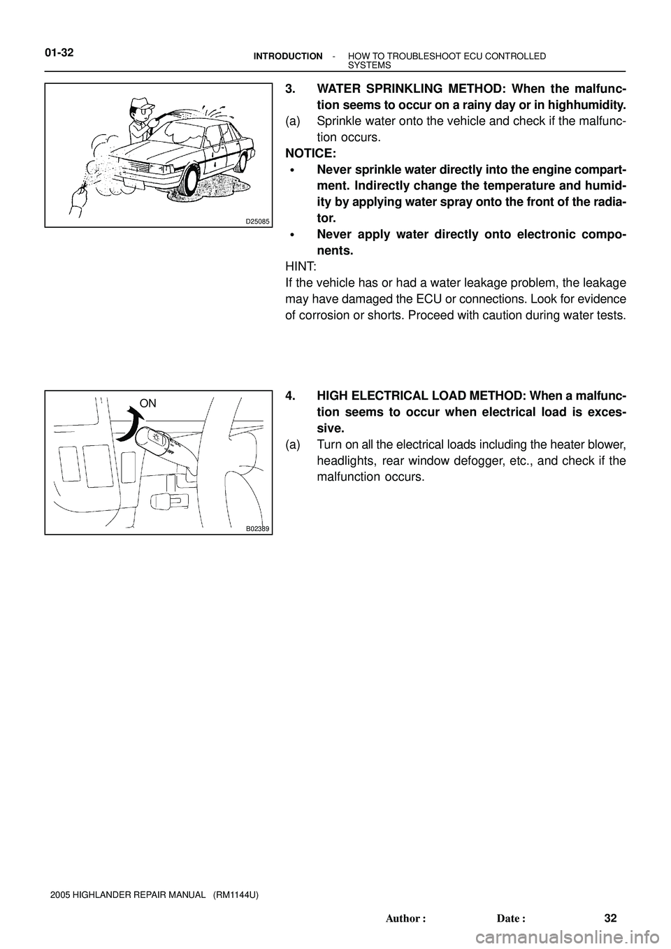 TOYOTA HIGHLANDER 2001  Service Repair Manual D25085
B02389
ON 01-32
- INTRODUCTIONHOW TO TROUBLESHOOT ECU CONTROLLED
SYSTEMS
32 Author: Date:
2005 HIGHLANDER REPAIR MANUAL   (RM1144U)
3. WATER SPRINKLING METHOD: When the malfunc-
tion seems to
