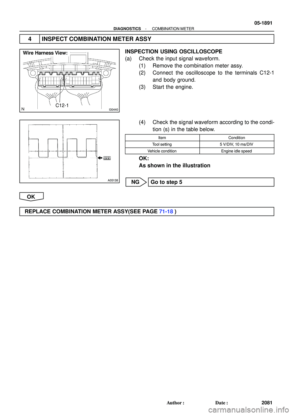 TOYOTA HIGHLANDER 2001  Service Repair Manual I30440
Wire Harness View:
C12-1
A05138
- DIAGNOSTICSCOMBINATION METER
05-1891
2081 Author: Date:
4 INSPECT COMBINATION METER ASSY
INSPECTION USING OSCILLOSCOPE
(a) Check the input signal waveform.
(