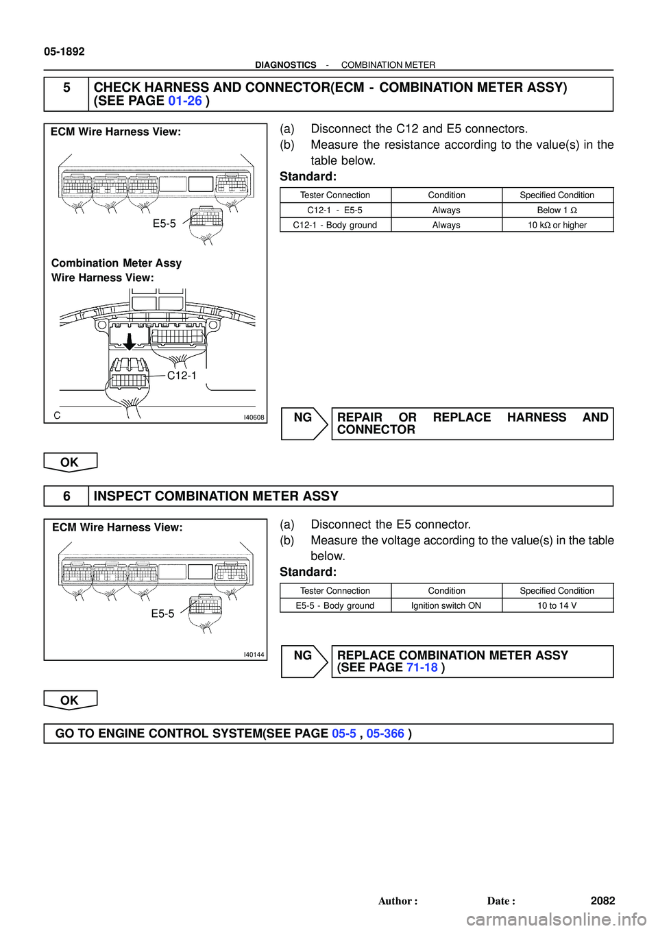 TOYOTA HIGHLANDER 2001  Service Repair Manual I40608
Combination  Meter Assy
Wire Harness View: ECM Wire Harness View:
C12-1
E5-5
I40144
E5-5 ECM Wire Harness View:
05-1892
- DIAGNOSTICSCOMBINATION METER
2082 Author: Date:
5 CHECK HARNESS AND C