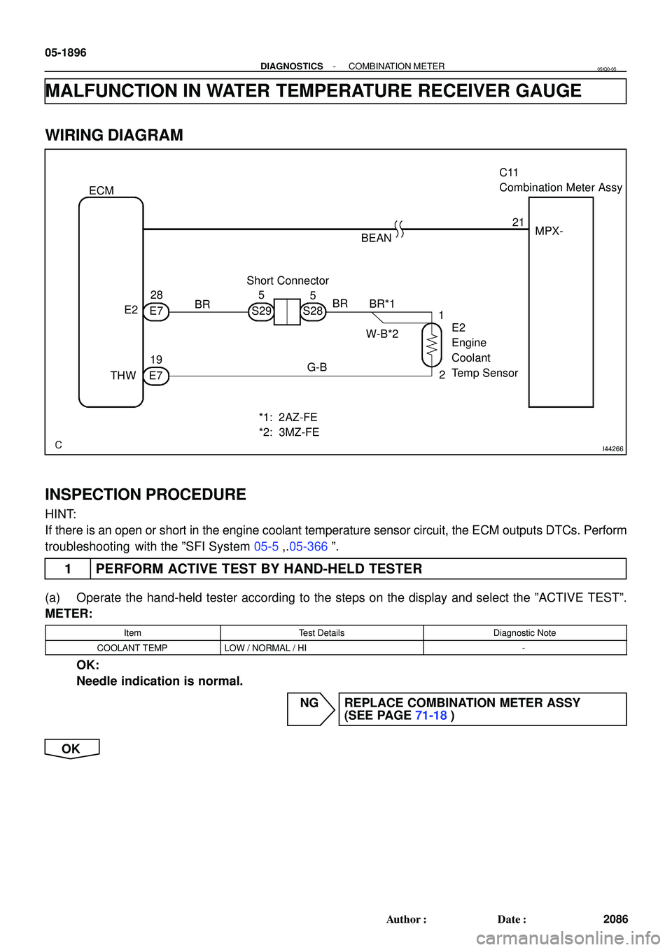 TOYOTA HIGHLANDER 2001  Service Repair Manual I44266
ECM
E2
THW E719 E728
BR
G-BBR*1
1
2 5
S29 S285
E2
Engine 
Coolant
Temp Sensor Short ConnectorC11
Combination Meter Assy
BEANMPX- 21
*1: 2AZ-FE
*2: 3MZ-FEW-B*2 BR
05-1896
- DIAGNOSTICSCOMBINATIO