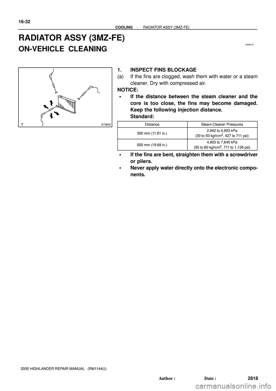 TOYOTA HIGHLANDER 2001  Service Repair Manual 160Q2-03
A73603
16-32
- COOLINGRADIATOR ASSY (3MZ-FE)
2818 Author: Date:
2005 HIGHLANDER REPAIR MANUAL   (RM1144U)
RADIATOR ASSY (3MZ-FE)
ON-VEHICLE  CLEANING
1. INSPECT FINS BLOCKAGE
(a) If the fin