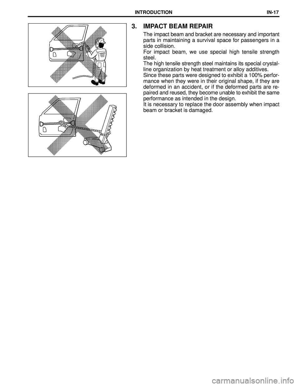 TOYOTA HIGHLANDER 2001  Service Repair Manual INTRODUCTIONIN-17
3. IMPACT BEAM REPAIR
The impact beam and bracket are necessary and important
parts in maintaining a survival space for passengers in a
side collision.
For impact beam, we use specia