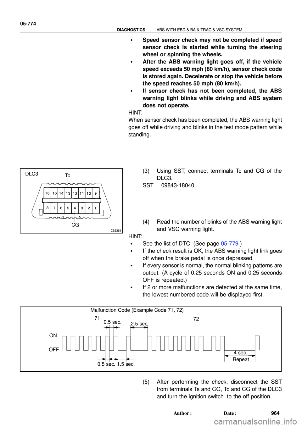 TOYOTA HIGHLANDER 2001  Service Repair Manual C52361
DLC3
Tc
CG
Malfunction Code (Example Code 71, 72)
ON
OFF
0.5 sec.0.5 sec.
1.5 sec.2.5 sec.
4 sec.
Repeat
71
72 05-774
- DIAGNOSTICSABS WITH EBD & BA & TRAC & VSC SYSTEM
964 Author: Date: 
Sp