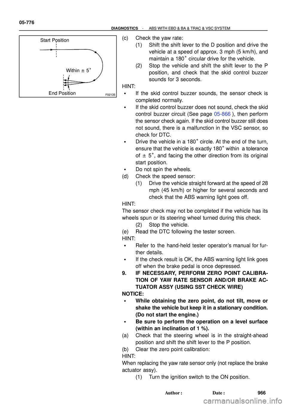 TOYOTA HIGHLANDER 2001  Service Repair Manual F02135
Start Position
End PositionWithin ± 5° 05-776
- DIAGNOSTICSABS WITH EBD & BA & TRAC & VSC SYSTEM
966 Author: Date:
(c) Check the yaw rate:
(1) Shift the shift lever to the D position and dr