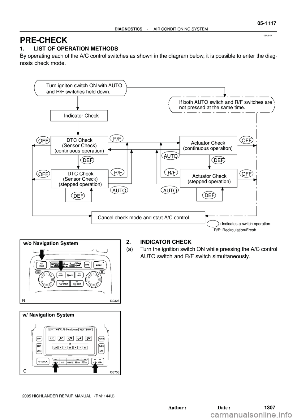 TOYOTA HIGHLANDER 2001  Service Repair Manual 05IU9-01
Turn igniton switch ON with AUTO
and R/F switches held down.
Indicator Check
DTC Check
(Sensor Check)
(continuous operation)
DTC Check
(Sensor Check)
(stepped operation)OFF
OFF
DEF
DEF
Actuat