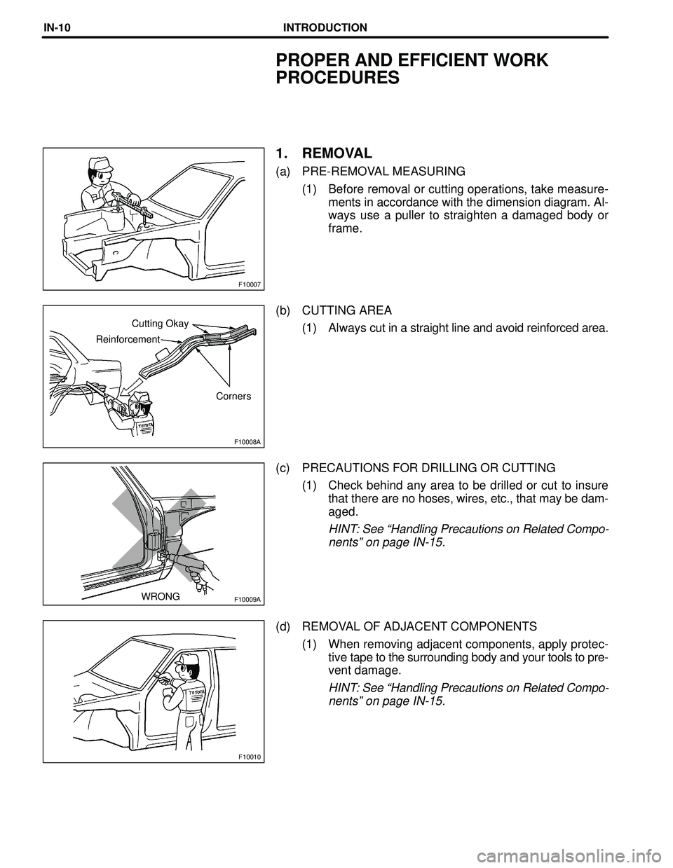 TOYOTA HIGHLANDER 2001  Service Repair Manual F10007
F10008A
F10009A
F10010
Cutting Okay
Reinforcement
Corners
WRONG
INTRODUCTIONIN-10
PROPER AND EFFICIENT WORK 
PROCEDURES
1. REMOVAL
(a) PRE-REMOVAL MEASURING
(1) Before removal or cutting operat