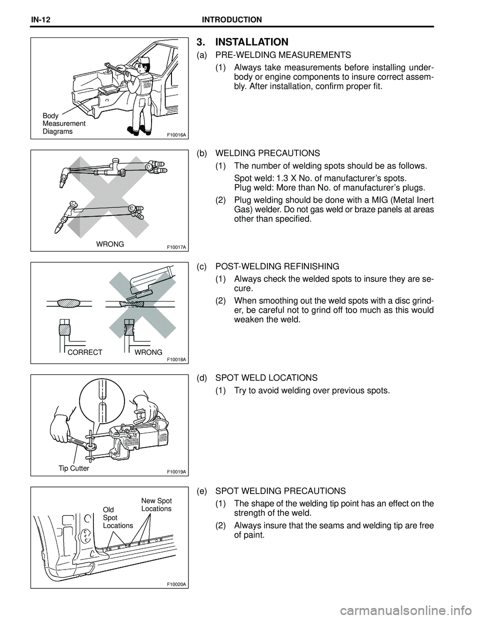 TOYOTA HIGHLANDER 2001  Service Repair Manual F10016A
F10017A
F10018A
F10019A
F10020A
Body 
Measurement 
Diagrams
WRONG
CORRECT WRONG
Tip Cutter
Old 
Spot 
LocationsNew Spot 
Locations
INTRODUCTIONIN-12
3. INSTALLATION
(a) PRE-WELDING MEASUREMENT