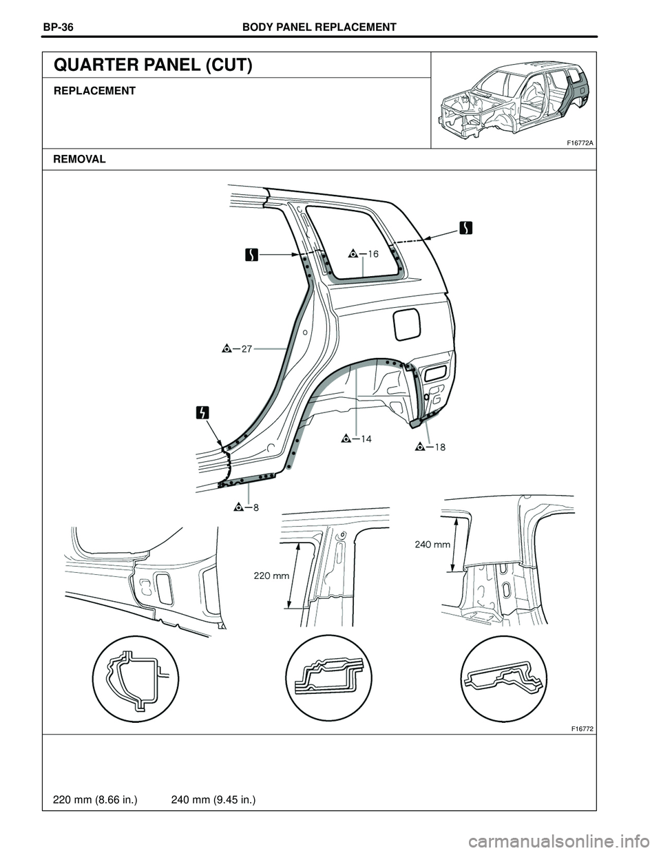 TOYOTA HIGHLANDER 2001  Service Repair Manual BODY PANEL REPLACEMENT
F16772
220 mm (8.66 in.) 240 mm (9.45 in.)
F16772A
REMOVAL BP-36
QUARTER PANEL (CUT)
REPLACEMENT 