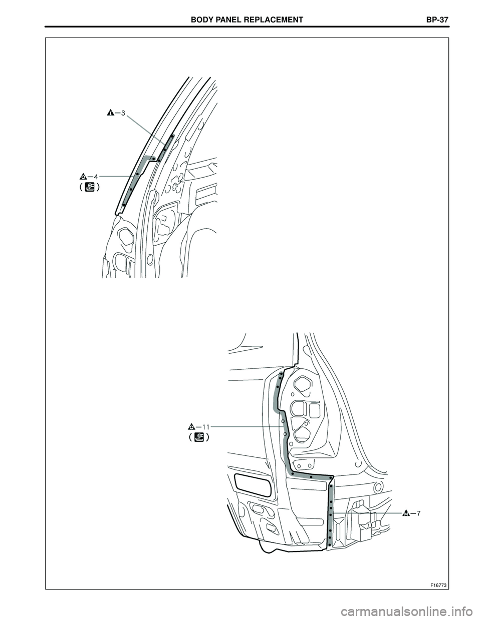 TOYOTA HIGHLANDER 2001  Service Repair Manual BODY PANEL REPLACEMENT
F16773
BP-37 