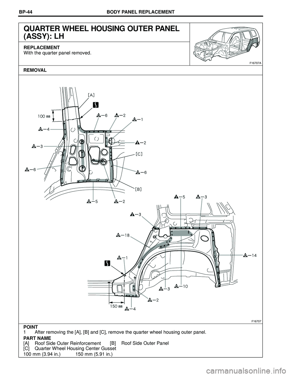 TOYOTA HIGHLANDER 2001  Service Repair Manual BODY PANEL REPLACEMENT
F16707
POINT
1 After removing the [A], [B] and [C], remove the quarter wheel housing outer panel.
PART NAME
[A] Roof Side Outer Reinforcement
[C] Quarter Wheel Housing Center Gu