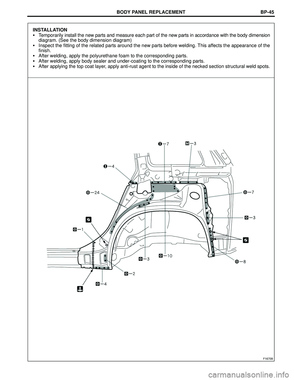 TOYOTA HIGHLANDER 2001  Service Repair Manual BODY PANEL REPLACEMENT
F16708
BP-45
INSTALLATION
Temporarily install the new parts and measure each part of the new parts in accordance with the body dimension
diagram. (See the body dimension diagra