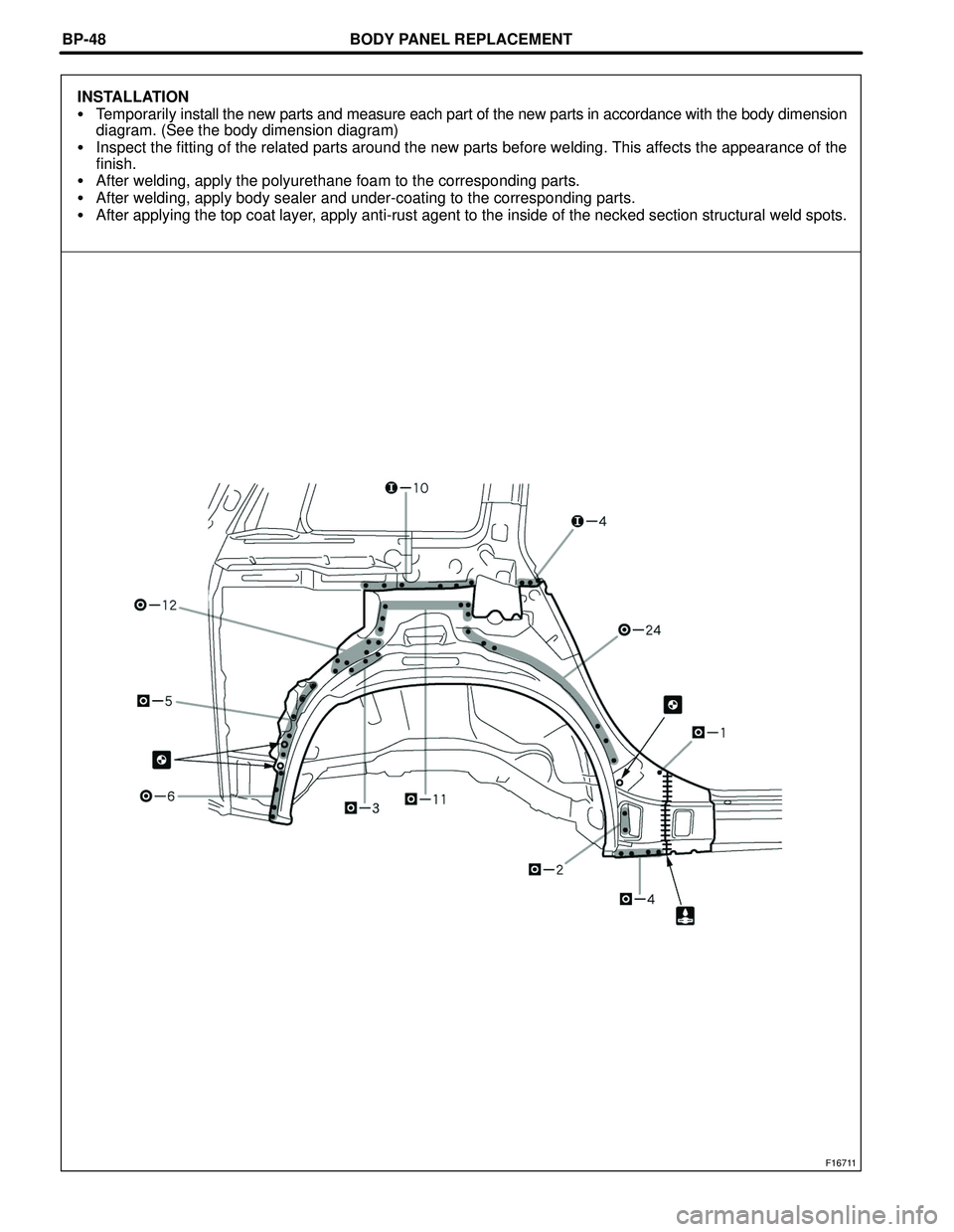 TOYOTA HIGHLANDER 2001  Service Repair Manual BODY PANEL REPLACEMENT
F16711
BP-48
INSTALLATION
Temporarily install the new parts and measure each part of the new parts in accordance with the body dimension
diagram. (See the body dimension diagra