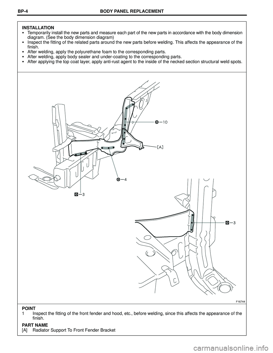 TOYOTA HIGHLANDER 2001  Service Repair Manual BODY PANEL REPLACEMENT
F16744
POINT
1 Inspect the fitting of the front fender and hood, etc., before welding, since this affects the appearance of the
finish.
PART NAME
[A] Radiator Support To Front F