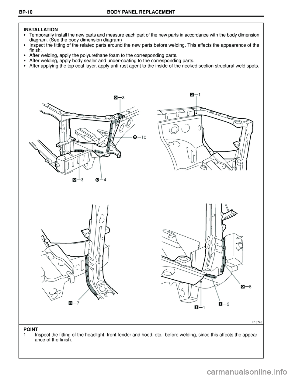 TOYOTA HIGHLANDER 2001  Service Repair Manual BODY PANEL REPLACEMENT
F16748
POINT
1 Inspect the fitting of the headlight, front fender and hood, etc., before welding, since this affects the appear-
ance of the finish. BP-10
INSTALLATION
Temporar