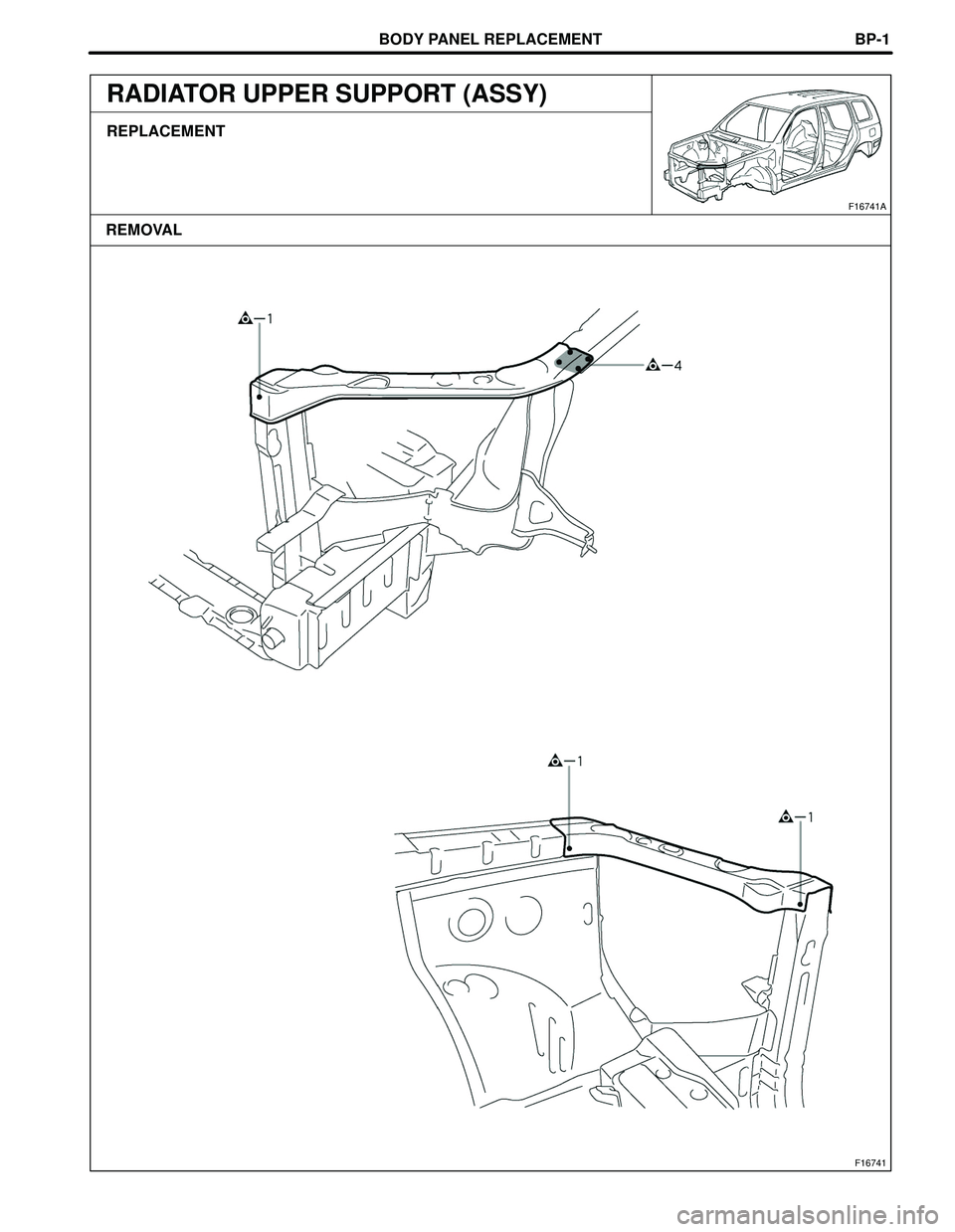TOYOTA HIGHLANDER 2001  Service Repair Manual BODY PANEL REPLACEMENT
F16741
F16741A
REMOVALBP-1
RADIATOR UPPER SUPPORT (ASSY)
REPLACEMENT 