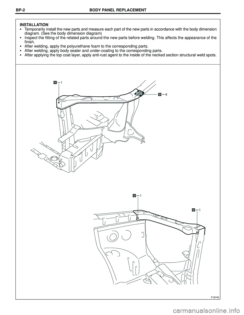 TOYOTA HIGHLANDER 2001  Service Repair Manual BODY PANEL REPLACEMENT
F16742
BP-2
INSTALLATION
Temporarily install the new parts and measure each part of the new parts in accordance with the body dimension
diagram. (See the body dimension diagram