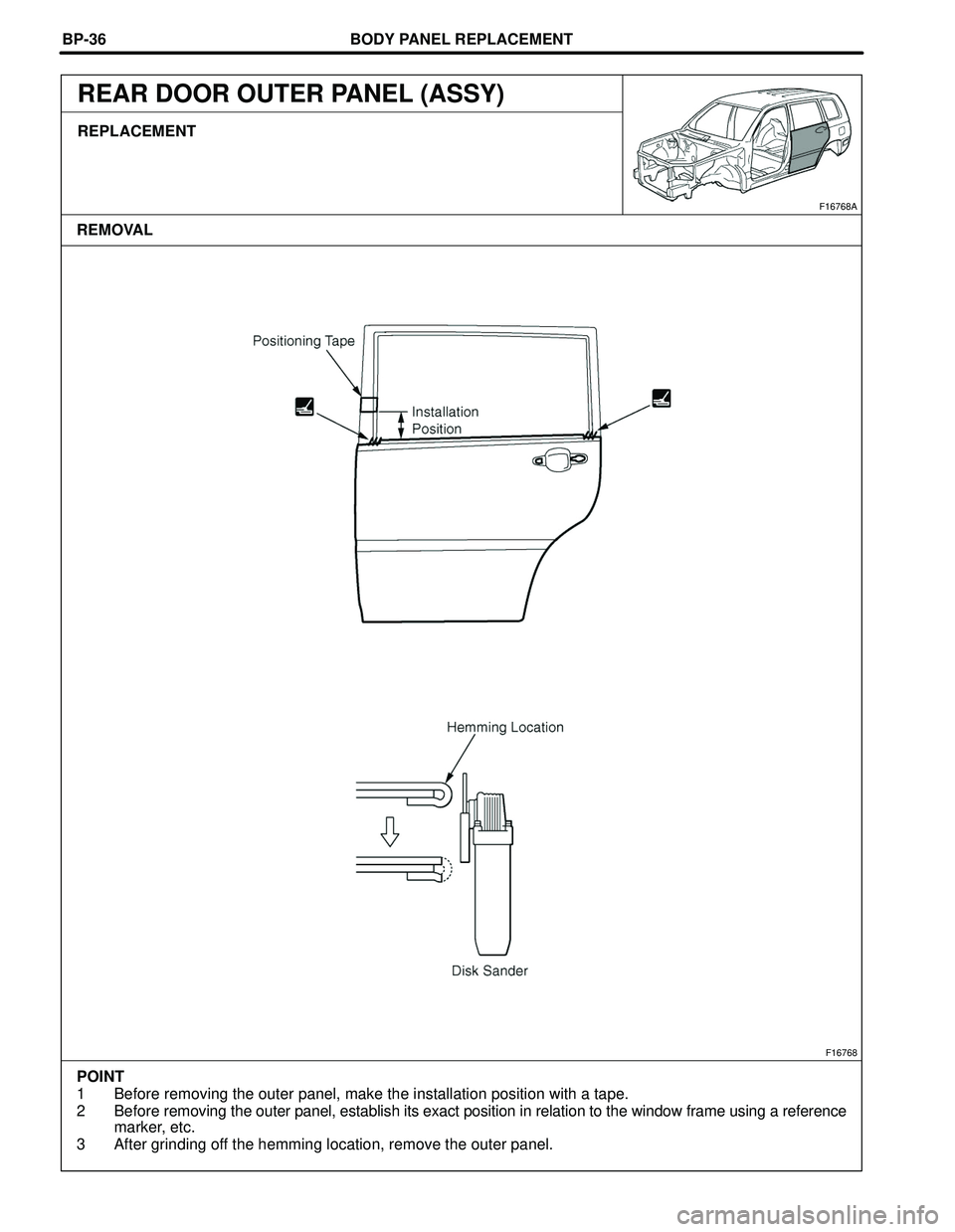 TOYOTA HIGHLANDER 2001  Service Repair Manual BODY PANEL REPLACEMENT
F16768
POINT
1 Before removing the outer panel, make the installation position with a tape.
2 Before removing the outer panel, establish its exact position in relation to the wi