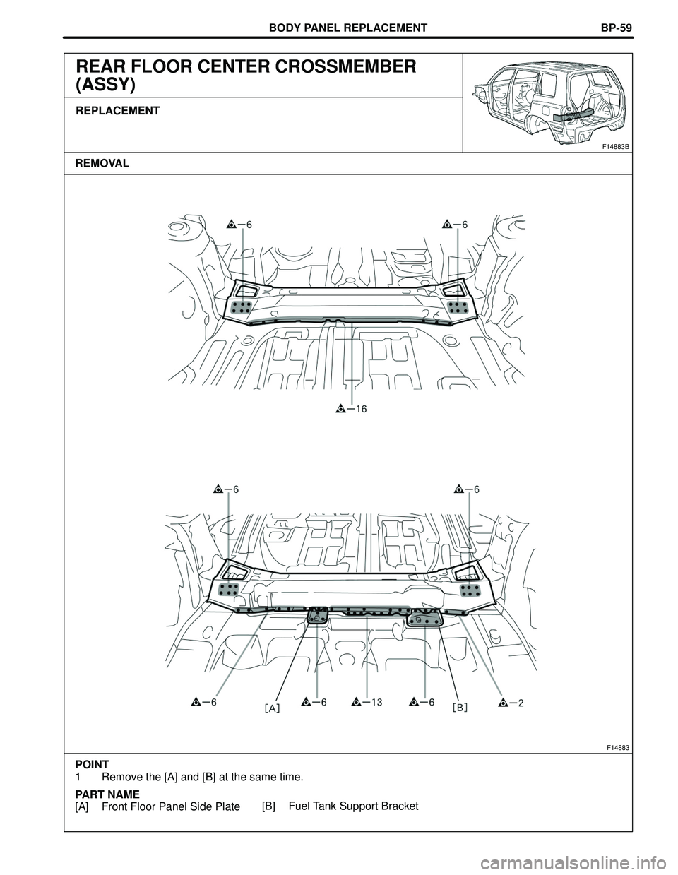 TOYOTA HIGHLANDER 2001  Service Repair Manual F14883
POINT
1 Remove the [A] and [B] at the same time.
PART NAME
[A] Front Floor Panel Side Plate[B] Fuel Tank Support Bracket
F14883B
REMOVALBODY PANEL REPLACEMENT
BP-59
REAR FLOOR CENTER CROSSMEMBE