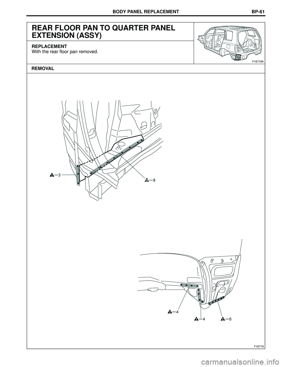 TOYOTA HIGHLANDER 2001  Service Repair Manual BODY PANEL REPLACEMENT
F16719
F16719A
REMOVALBP-61
REAR FLOOR PAN TO QUARTER PANEL
EXTENSION (ASSY)
REPLACEMENT
With the rear floor pan removed. 